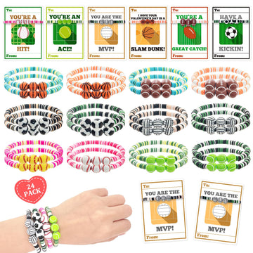 MOVINPE Valentines Day Exchange Gifts for Kids Classroom, 24 Pack Sports Charm Friendship Bracelets with Valentines Day Cards, C