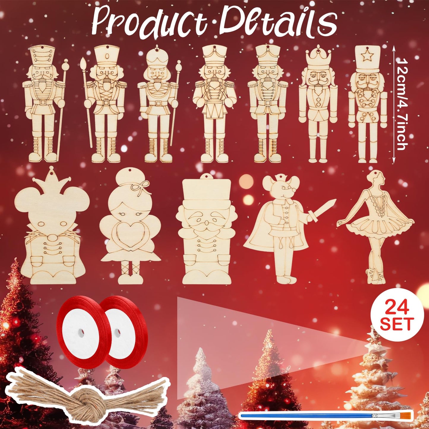 VioraWhite 24 Set Christmas Wooden Nutcracker Painting Craft Kit DIY Blank Wooden Nutcracker Cutout Xmas Ornaments Unfinished Ba