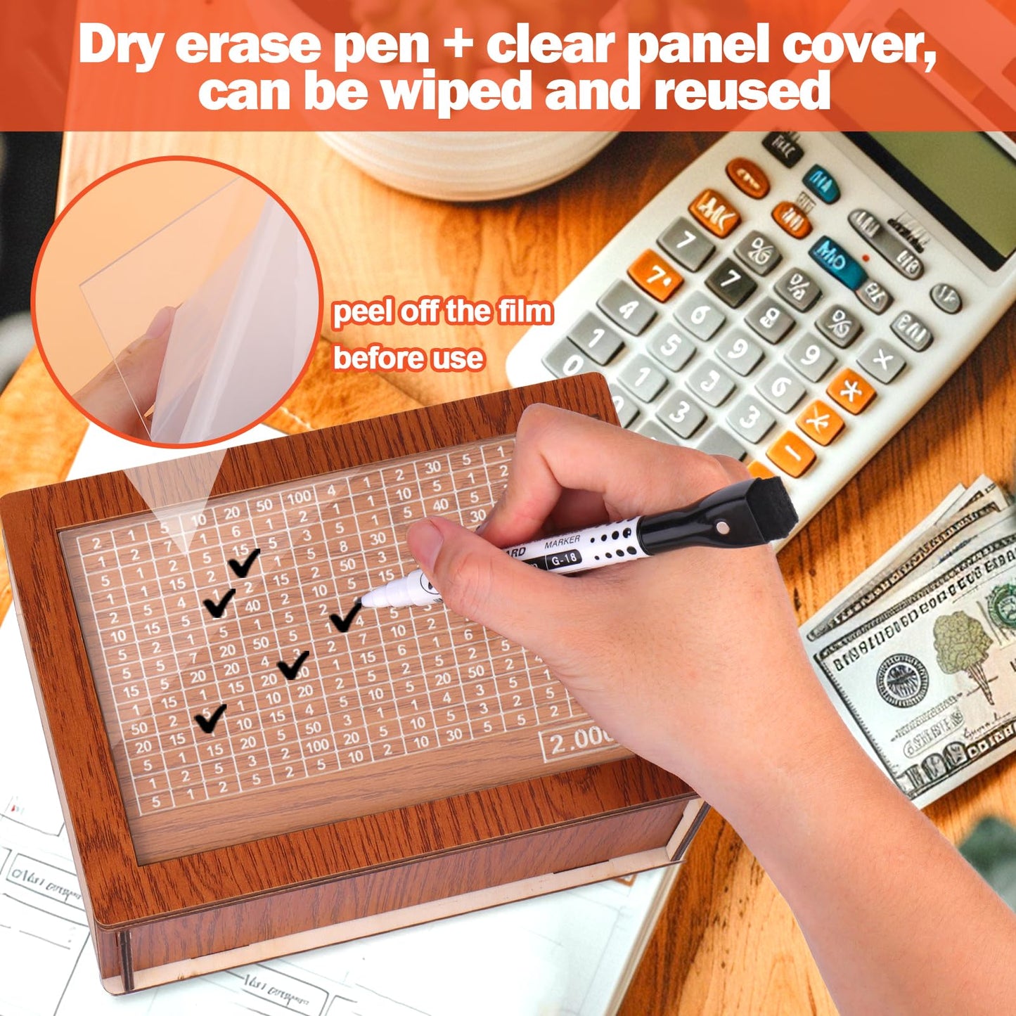 AIERSA Cash Vault Wooden Money Saving Box  Cash Savings Box for 10000 5000 3000 2000 1000 500 Money Saving Challenge Piggy Money Bank for mature-themed Money Savings with Dry Erase Pen  Blank Savings Tracker