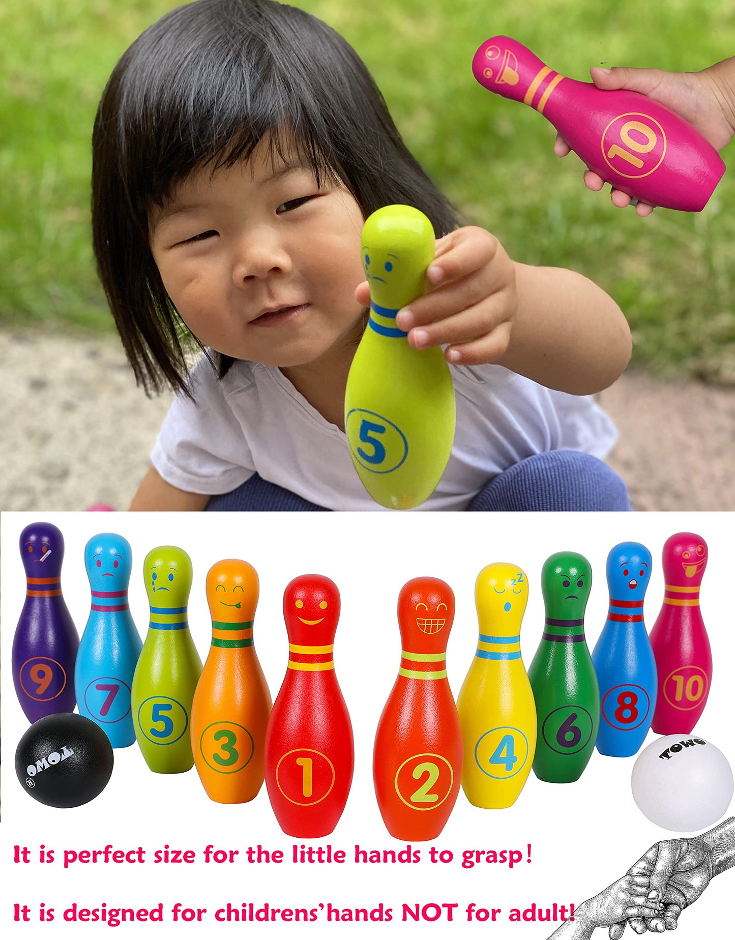 Toys of Wood Oxford Wooden Skittles Set - 10 Pin Bowling for Kids, Multicolour, 16.5x17x15cm, Model TW135, Fun Learning Toy