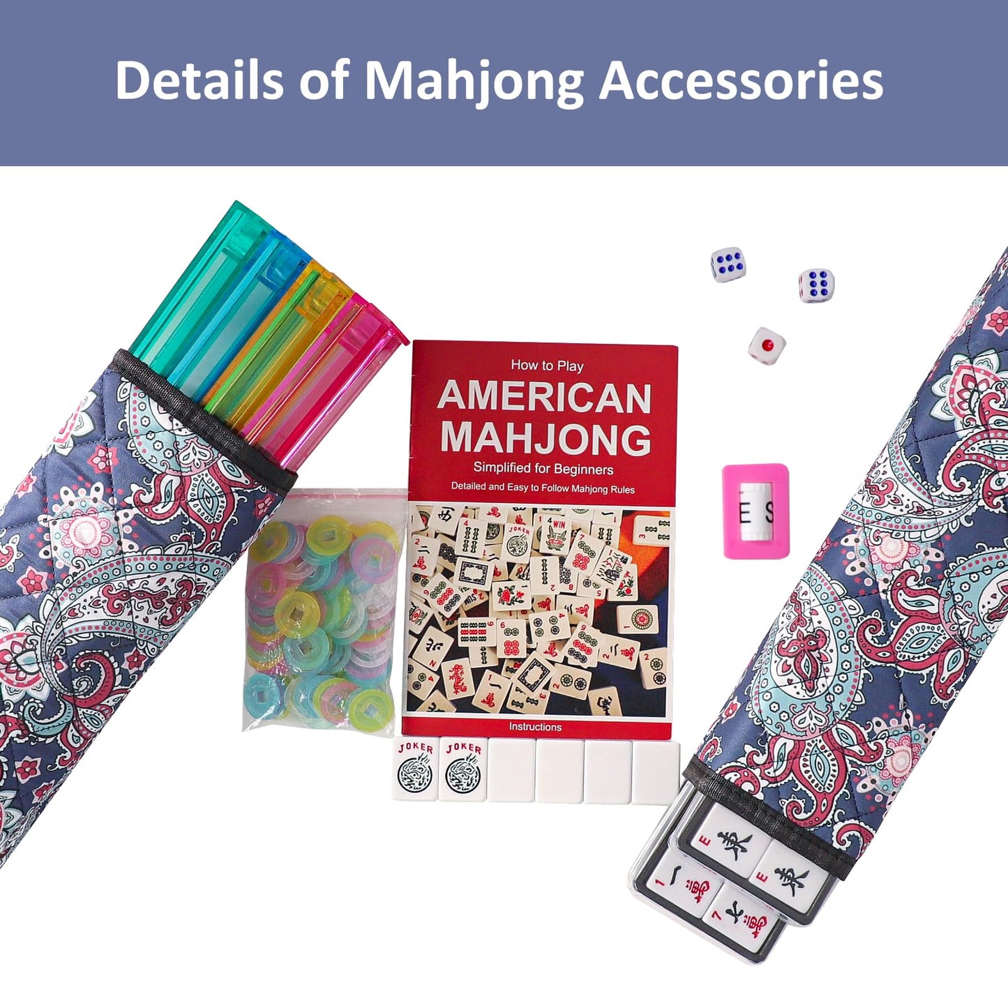 Gustaria American Mahjong Game Set, 166 White Tiles, 4 All-In-One Color Rack/Pushers, Complete Mahongg Tile Set, Printed Carrying Bag