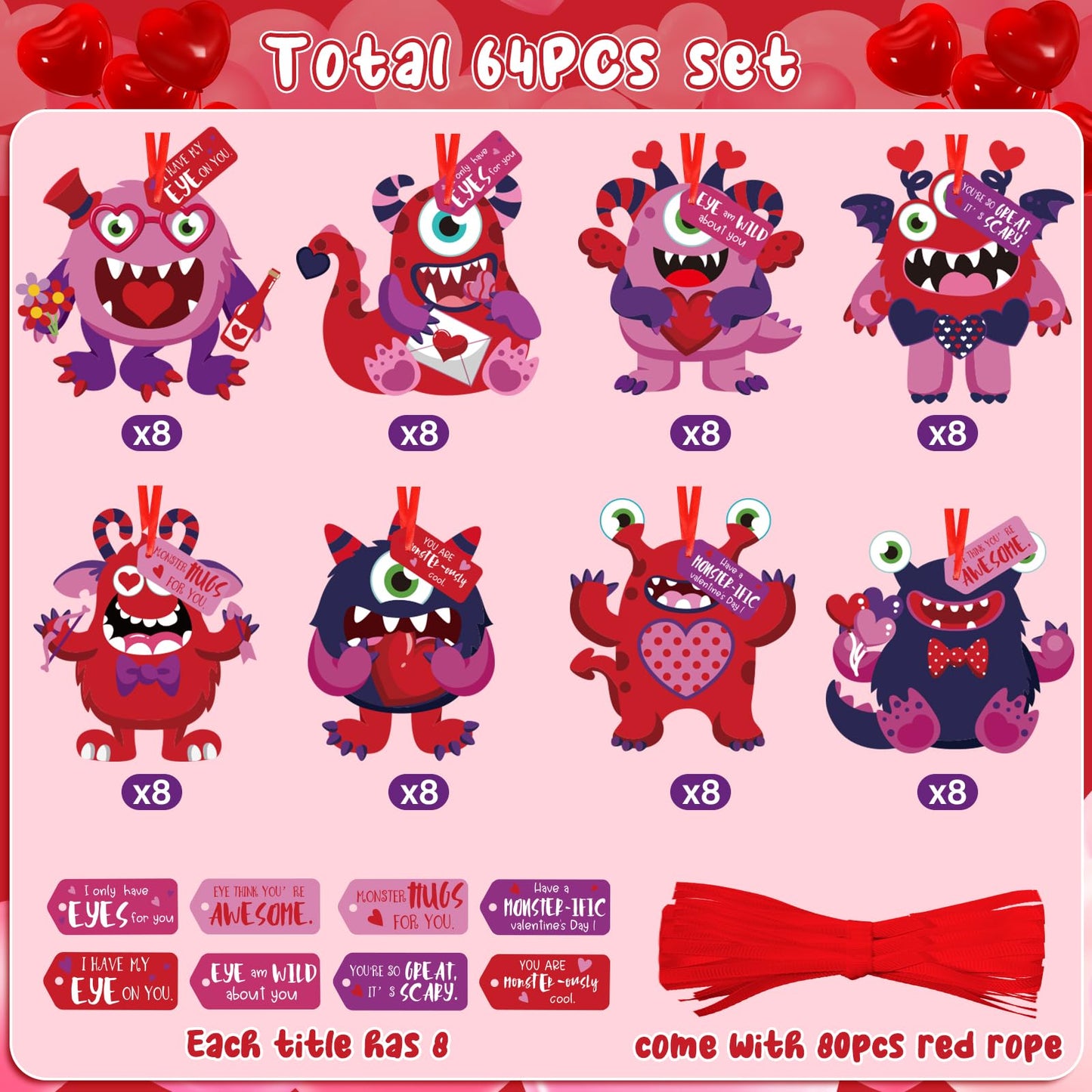 64 Sets Valentines Day Crafts Kits for Kids, Valentines Day DIY Monster Cards for Kids, Valentines Paper Craft Hanging Ornamen