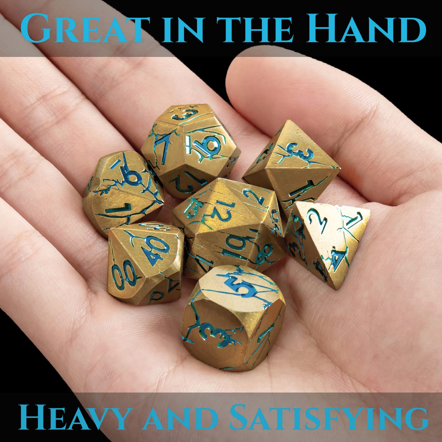 DND Metal Dice - Pharaoh Ruins Gold Metal Dice with Blue Cracks - Polyhedral Dice Set for RPG D&D MTG Pathfinder and More - Beau