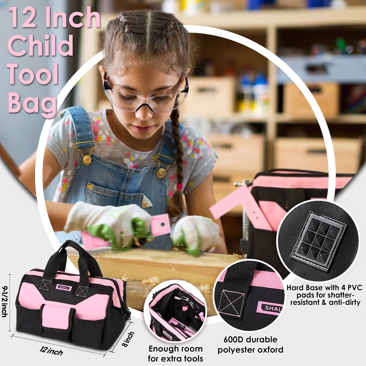 SHALL 26-Piece Kids Size Tool Set, Pink Real Tools for Kids with 12'' Tool Bag, Safety Certified Children Learning Tool Kit with