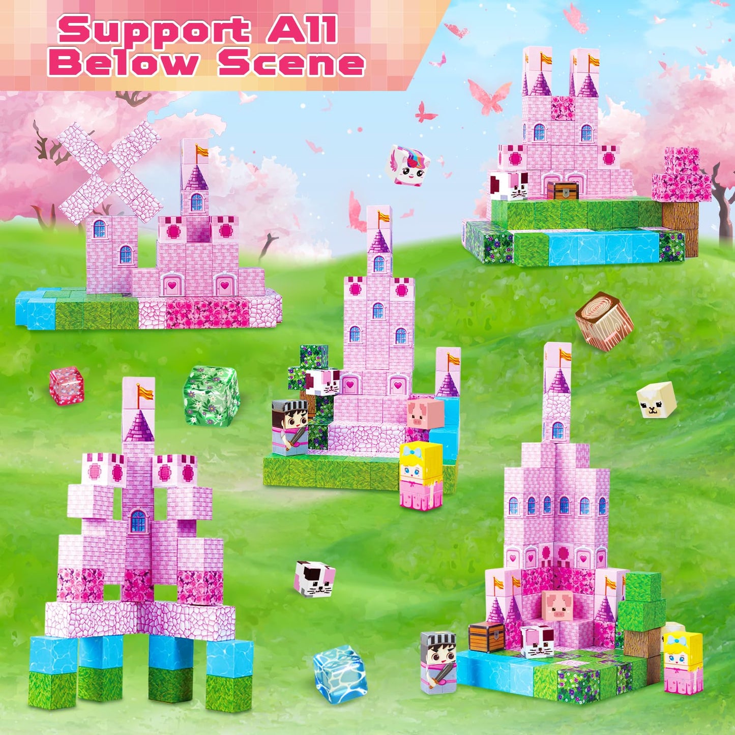 Magnetic Blocks - 100PCS Magnetic Building Block for Kids, Pink Princess Castle Magnet Cubes Sets, Princess Toys for Girls Ages