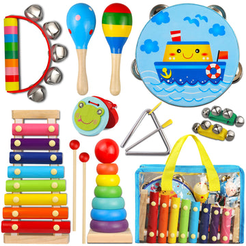 Looikoos Toddler Musical Instruments Set Wooden Percussion Instruments Toy For Kids Baby Preschool Educational Musical Toys For Boys And Girls With Storage Bag