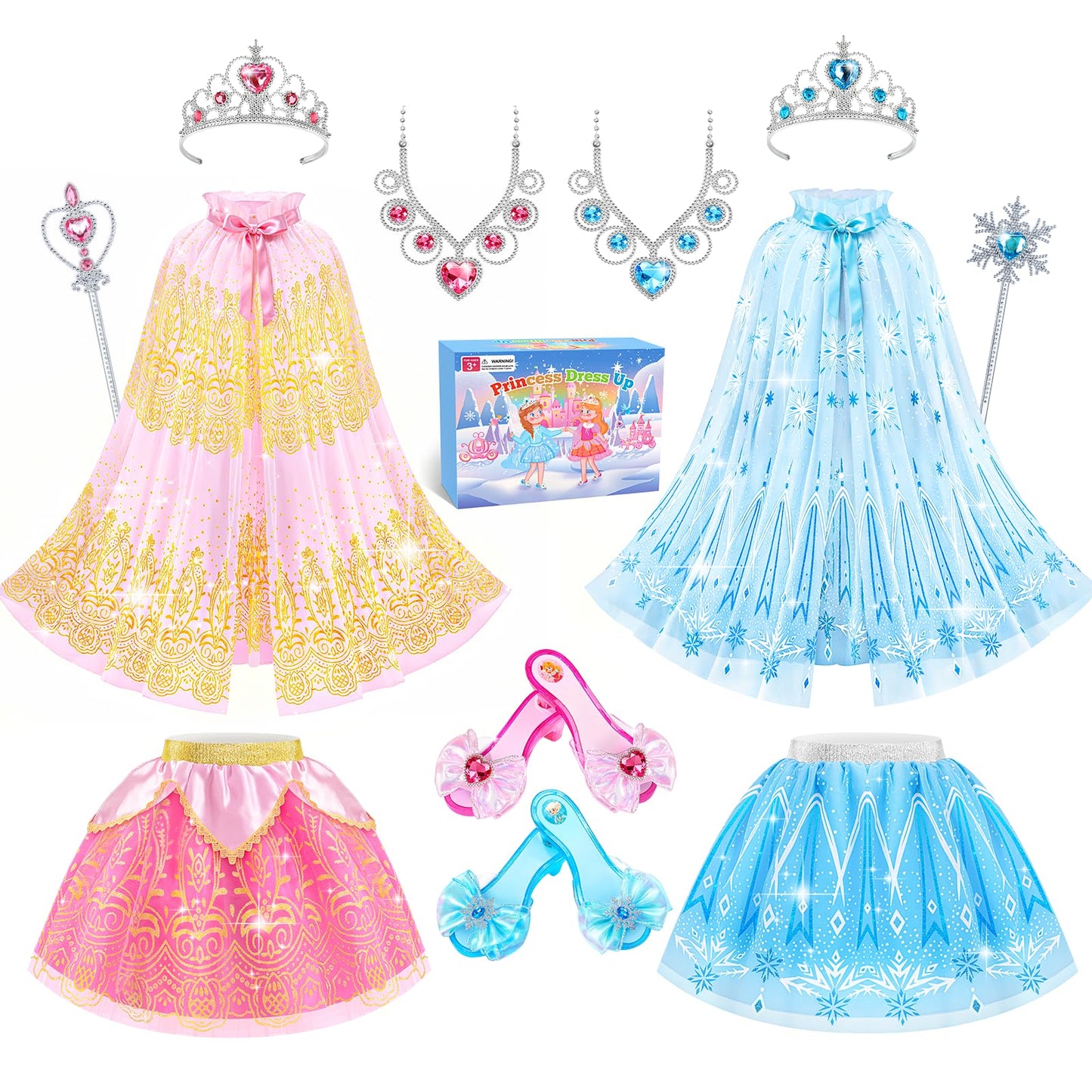 DUDUCOFU Princess Dress Up Clothes for Little Girls Toddlers, Princess Dress Up Shoes Set with Princess Cape Tutu Shoes Crown Wa