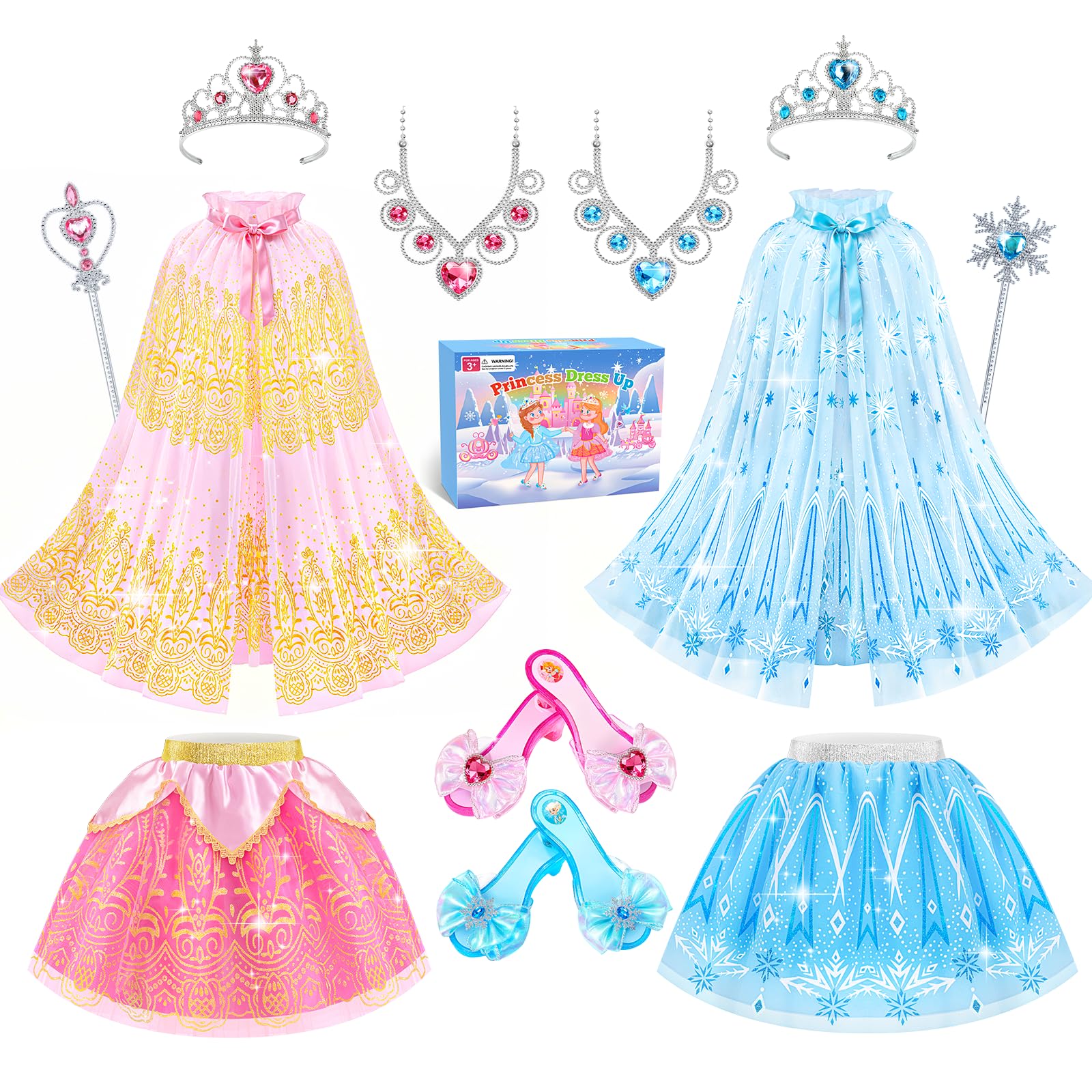 DUDUCOFU Princess Dress Up Clothes for Little Girls Toddlers, Princess Dress Up Shoes Set with Princess Cape Tutu Shoes Crown Wa