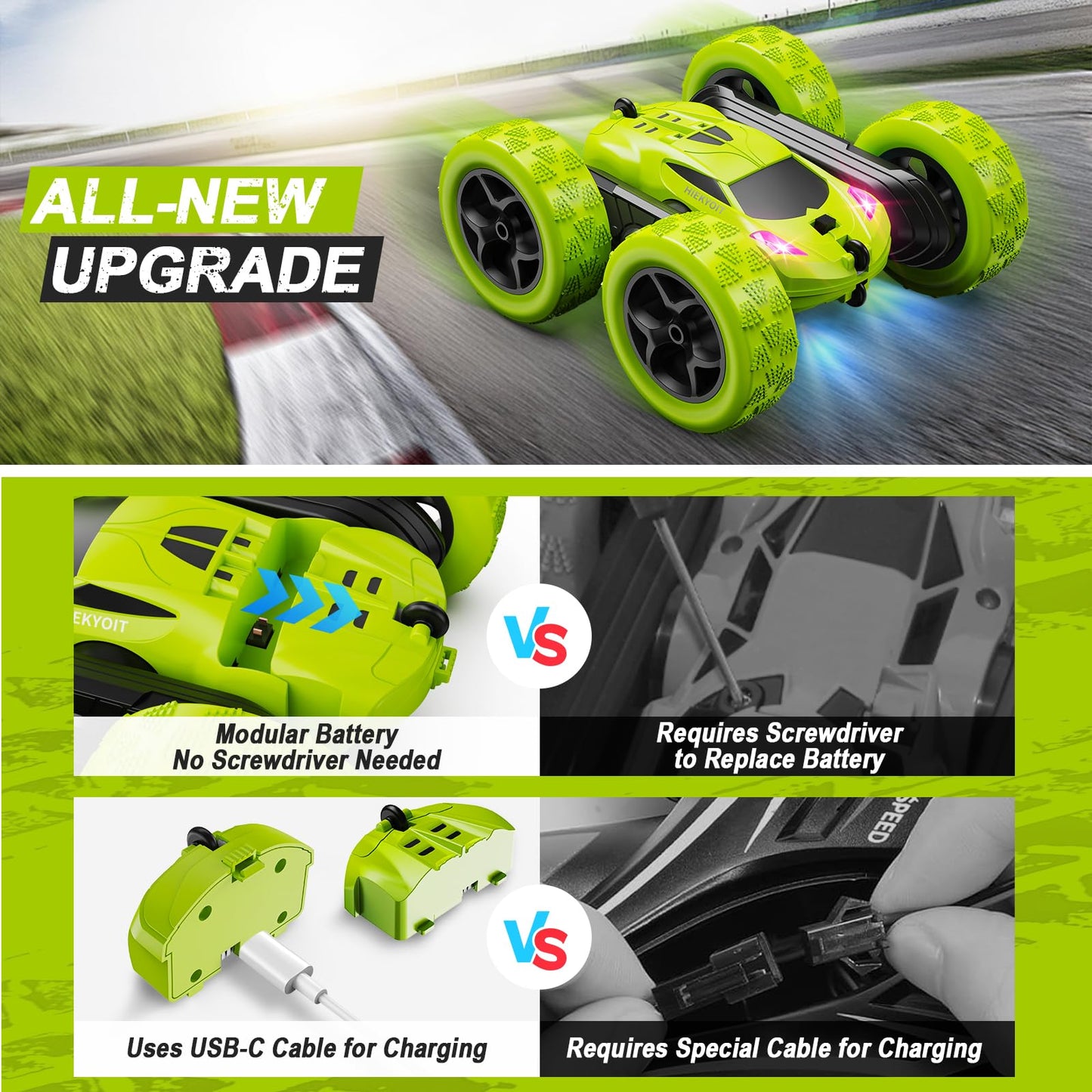 HIEKYOIT Remote Control Car for Kids Ages 6+, RC Cars Stunt Car Toy 4WD Double Sided 360 Rotating Remote Control with Headlights
