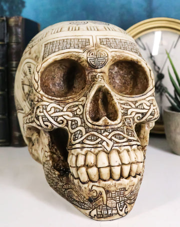 Ebros Norse Mythology Viking Vegvisir Compass Talisman With Trinity Valknut Odin Skull Figurine 8' Long Skeleton Head Skulls Ossuary Graveyard Macabre Halloween Decor Multi Colored