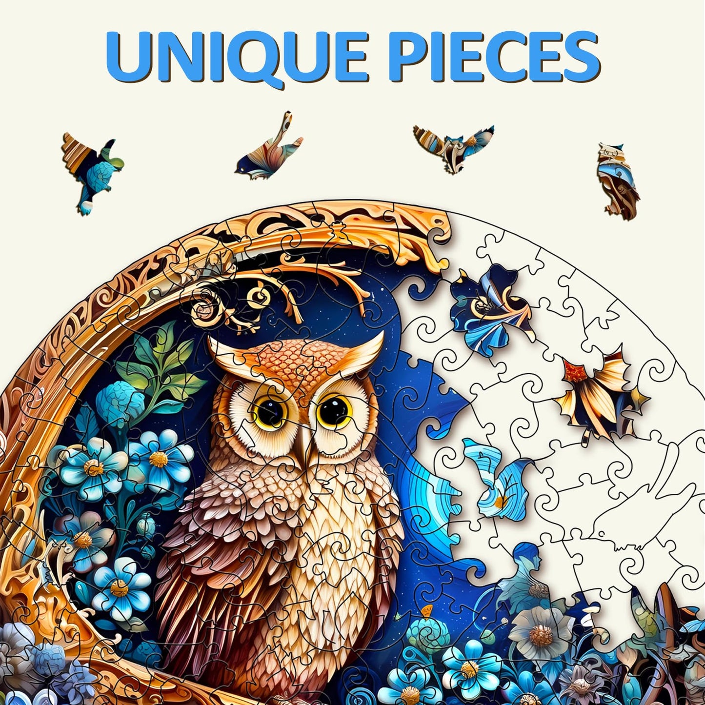masseruon Wooden Puzzle for mature-themeds-Moonlight Owl  Unique Shaped Jigsaw Puzzles(S  100pieces  8.4x8.4in)  Beautiful Animal Owl Jigsaw Wood Puzzles mature-themed  Family Puzzle Game Christmas Birthday Gift