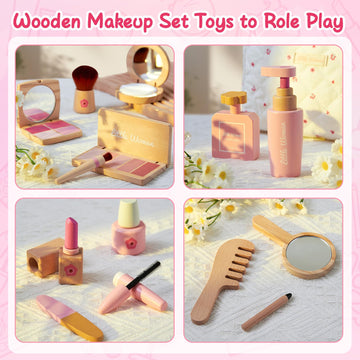 Lonico Wooden Makeup Toy Set For Girls Pretend Play Makeup Kit For Toddlers 3-5 With Eyeshadow/ Mascara/ Perfume/ Blush/ Mirror/