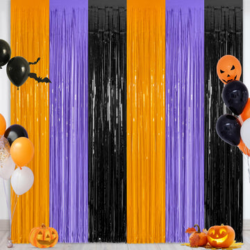2 Pack Halloween Backdrop, 3.28 FT x 7.05 FT Foil Fringe Curtains, Orange Purple Black Party Streamer Tinsel Backdrop Curtains, 
