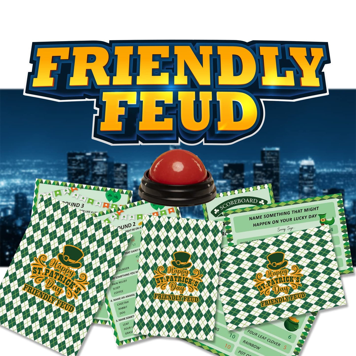 BEUFSE St' Patricks Day Friendly Feud Game Set, St' Patricks Day Party Game Supplies, St' Patricks Day Games for Adults, Feud Qu