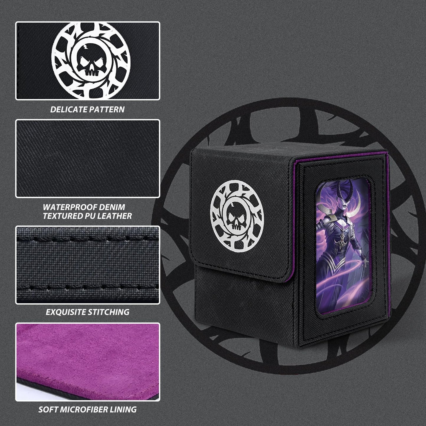 Infinity Guard MTG Deck Box with Commander Display for 120+ Single Sleeved Cards  Denim Magnetic Card Storage Box Fits for TCG CCG Magic Cards (Black&Purple)