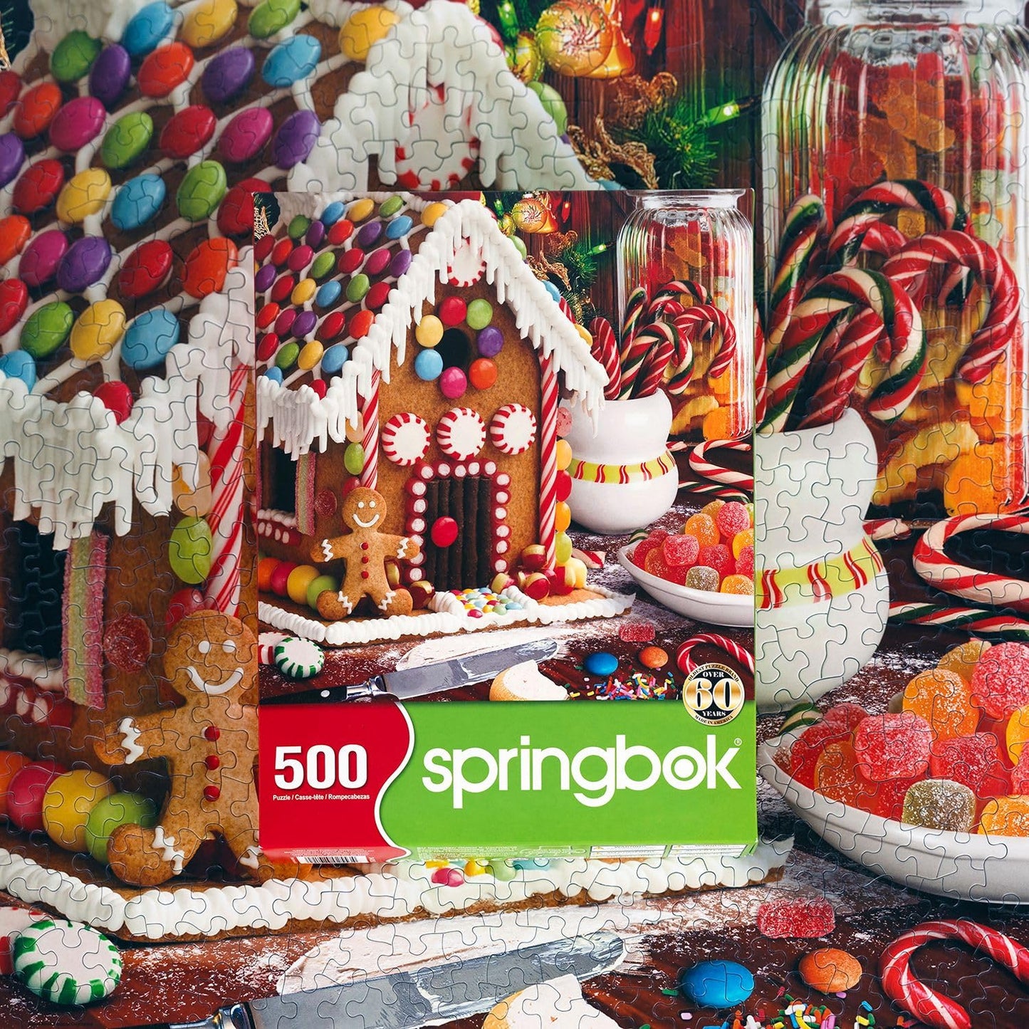 Springbok 500 Piece Gingerbread House Jigsaw Puzzle, 20"x20", Cardboard, Colorful Candy Design, Model 34-02553