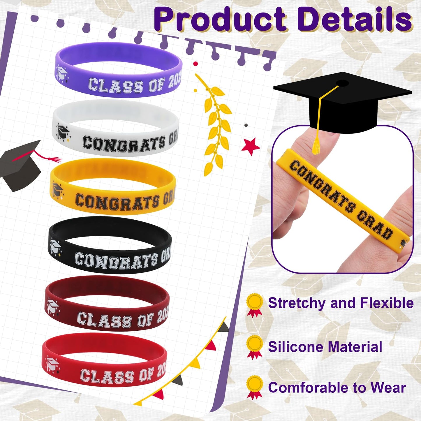 Class Of 2025 Graduation Party Favors Bulk 30Pcs Congrats Grad Rubber Graduation Bracelets Supplies Silicone Wristbands Graduati
