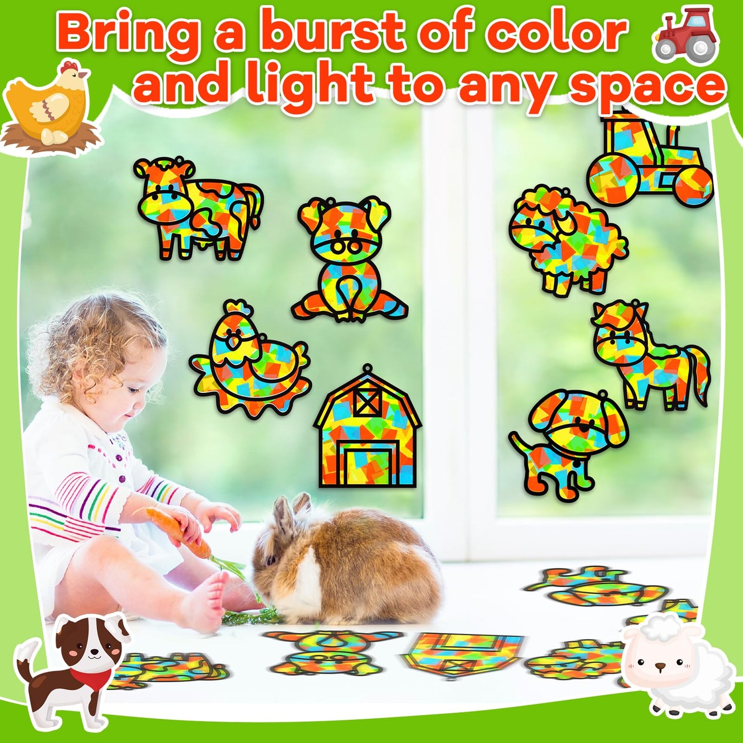 QOUBAI 32 Sets Farm Animals Suncatchers Craft Kit - Colorful Paper DIY Stained Glass Effect - Model QB1046 for Kids' Art Projects