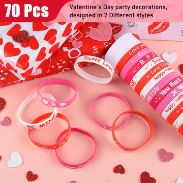 Morcheiong 70 Pcs Valentine's Day Silicone Bracelets Pink Red Party Favors Classic Rubber Wristbands for Kids Adults Valentine's
