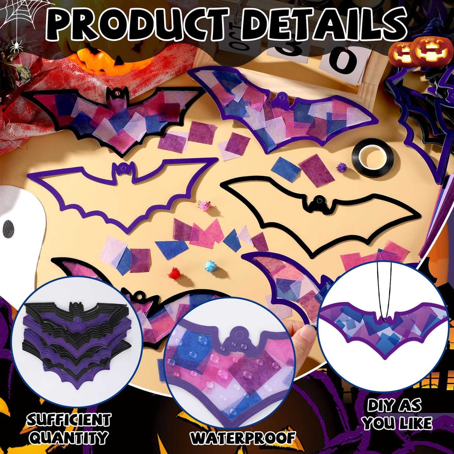 Qyeahkj 36 Set Halloween Bat Suncatchers Crafts for Kids DIY Hanging Bat Window Tissue Paper Crafts Kit Bat Hanging Decor for Ha