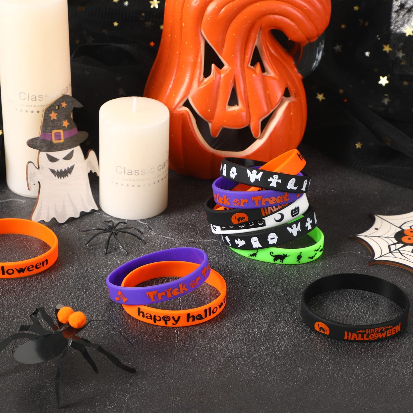 JUNEBRUSHS 24Pcs Halloween Silicone Bracelets Halloween Favors Supplies Rubber Wristbands for Kids Party Trick or Treat Goodie B