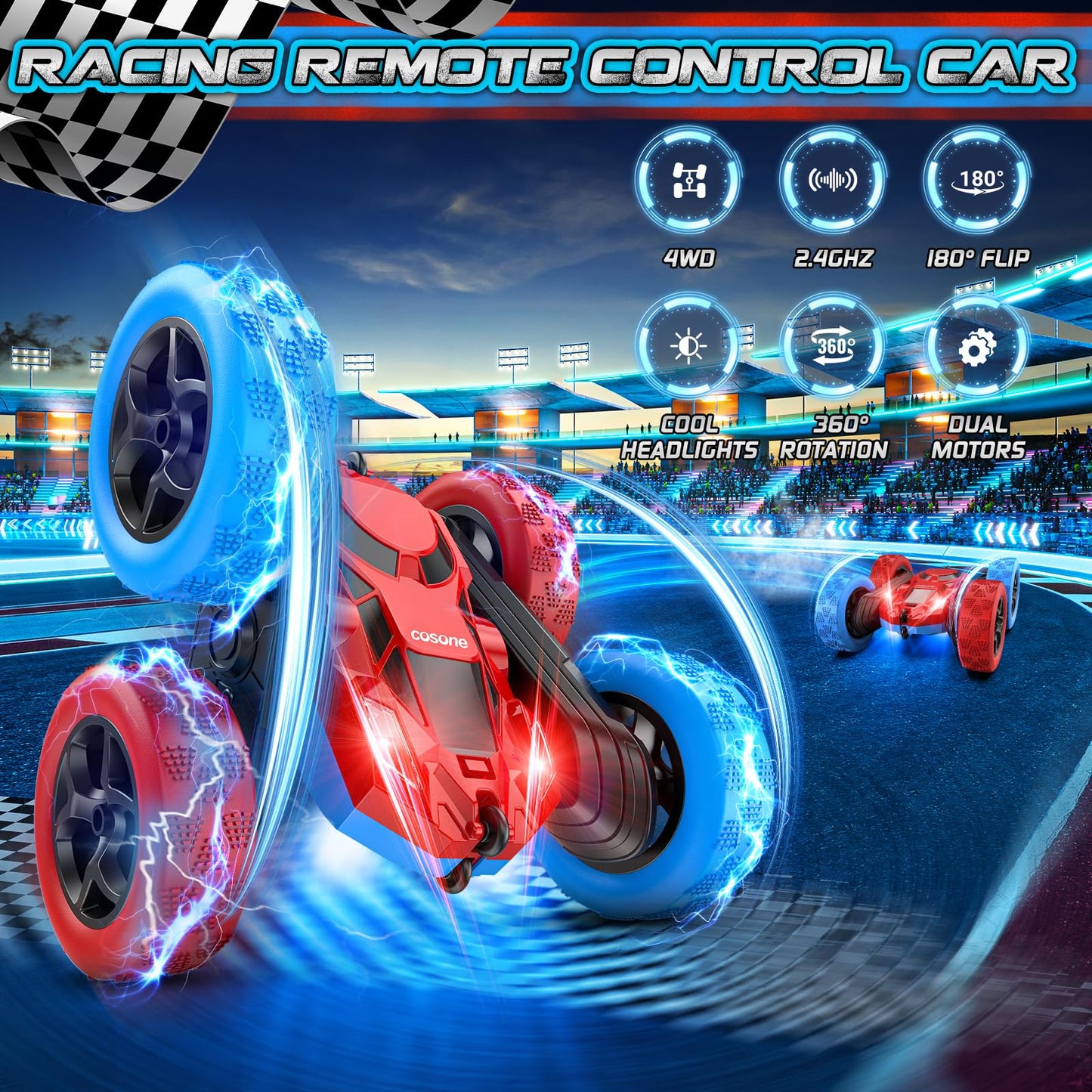 cosone RC Stunt Car for Kids, 360° Rotating, Rechargeable, Model T1, Standard Size, Red & Blue, Perfect Birthday Gift for Ages 6-10