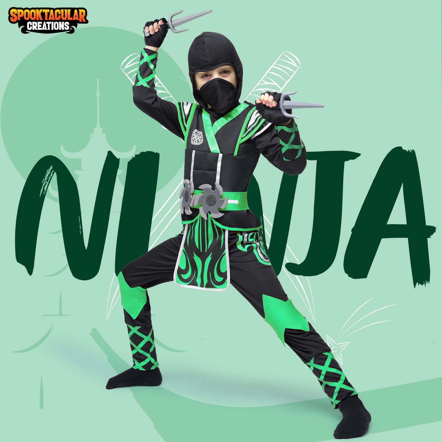 Spooktacular Creations Kids Green Ninja Costume - Small (5-7 yrs), Polyester Outfit for Halloween and Dress Up Parties