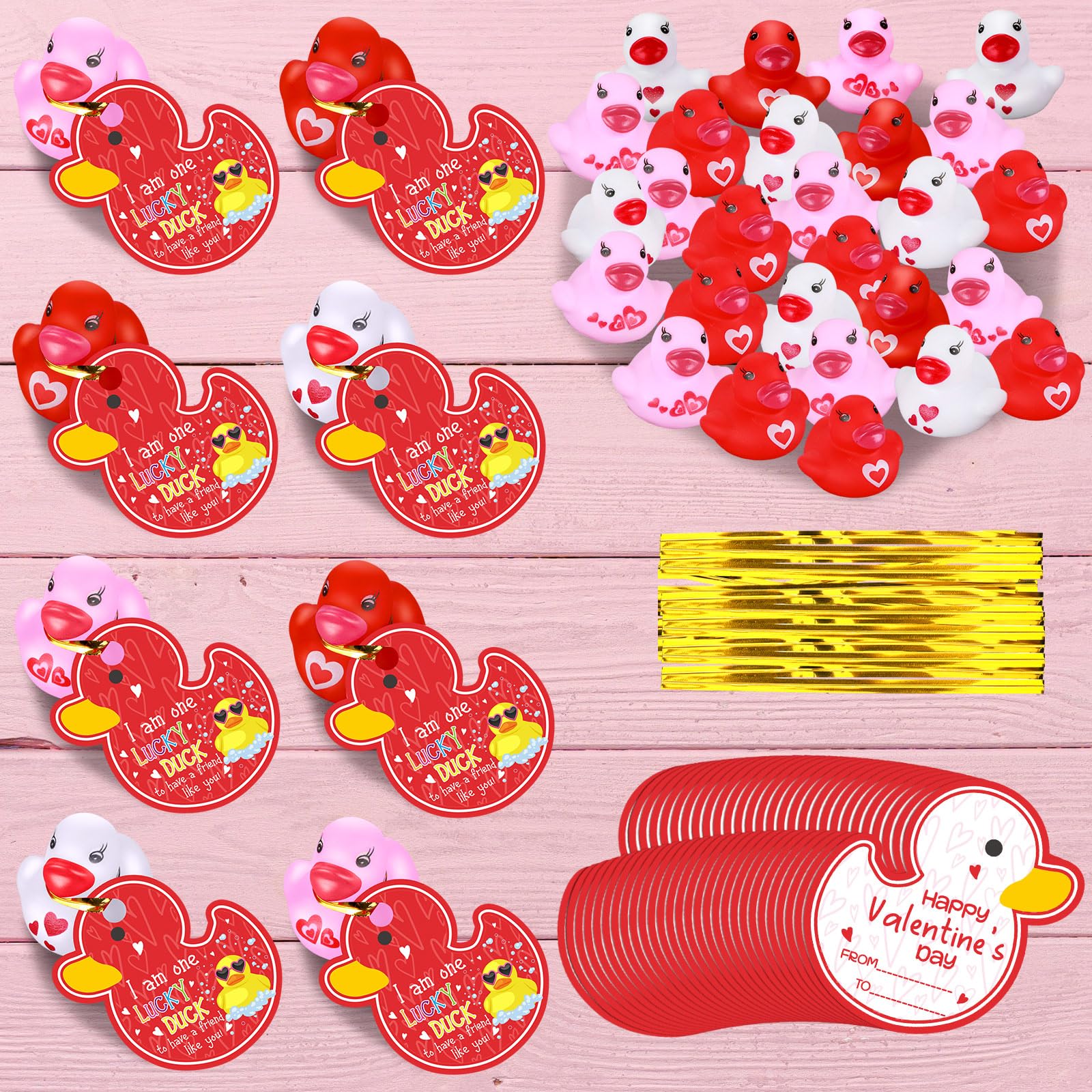MiniInflat 30 Sets Valentines Day Gifts Mini Rubber Ducks with Gift Cards Small Rubber Duck with Duck Card Tags and Gold Foil S