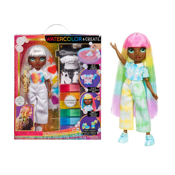 Rainbow High Watercolor & Create Fashion Diy Doll With Washable Watercolors + Tie-Dye Kit, Green Eyes, Long Straight Hair, Bonus