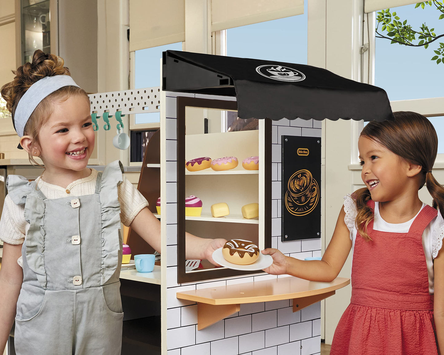 Little Tikes Real Wood Caf   & Bakery Exclusive Wooden Play Kitchen with Realistic Lights Sounds and Dual-Sided, 20+ Accessories