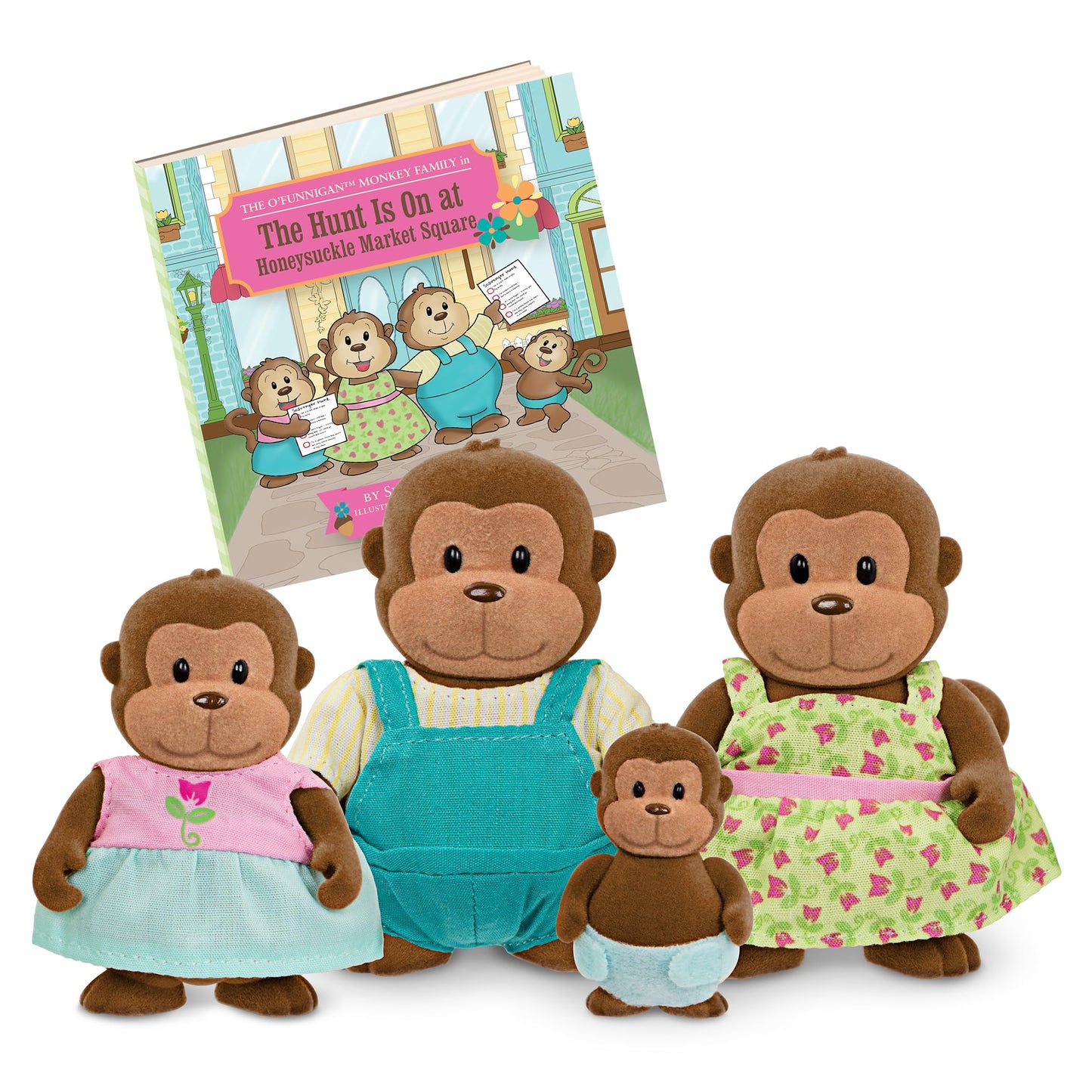 Li'L Woodzeez – The O'Funnigan Monkey Family – Set Of 4 Collectible Posable Monkey Figures With Storybook – Pretend Play Doll Figures – Gift Toy For Kids Age 3+