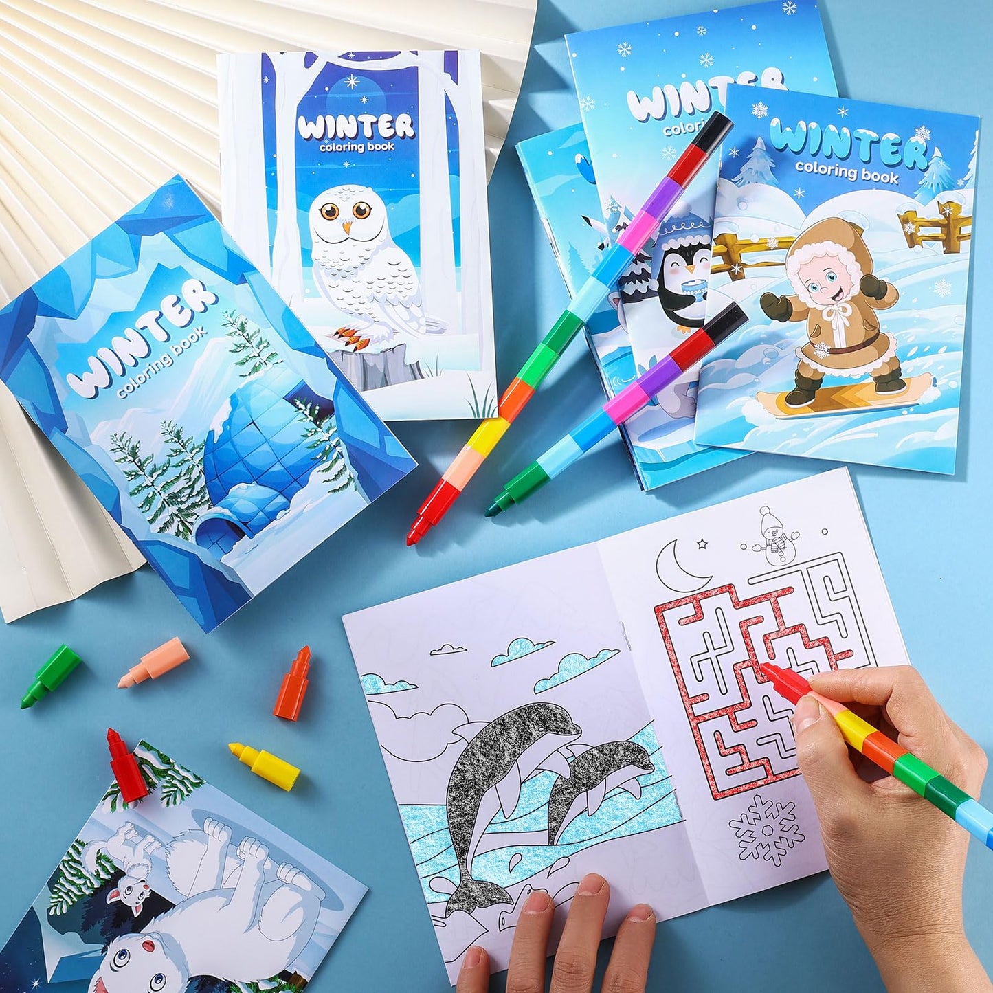 BenLouis 12 Winter Mini Coloring Books Kids with 12 Stacking Crayons Polar Animals Party Favors Small Activity Books Bulk for Ki