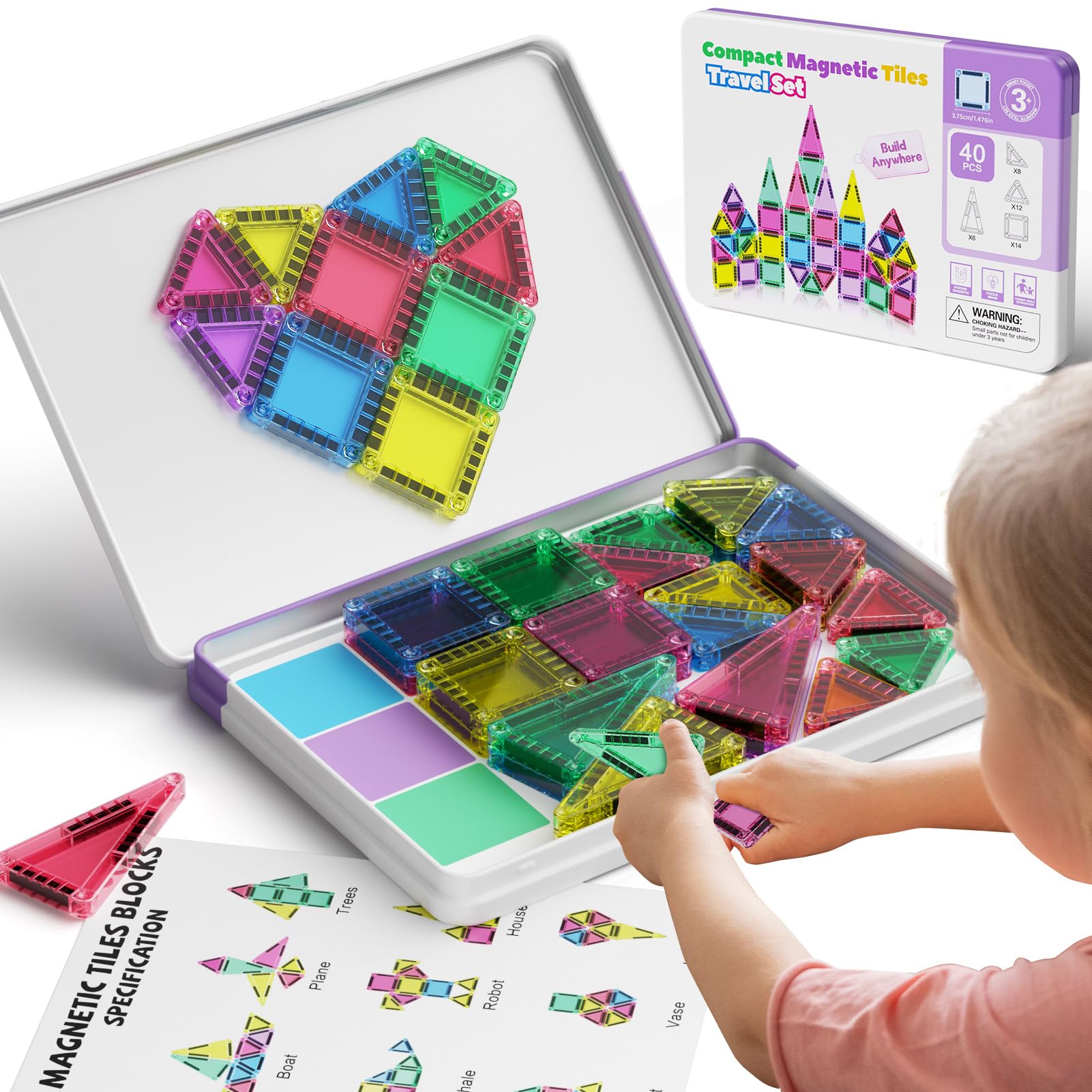 Magnetic Tiles For Kids Ages 4-8, 40 Pieces Mini Magnetic Building Blocks,Magnet Tiles Travel Construction Set With Storage Iron