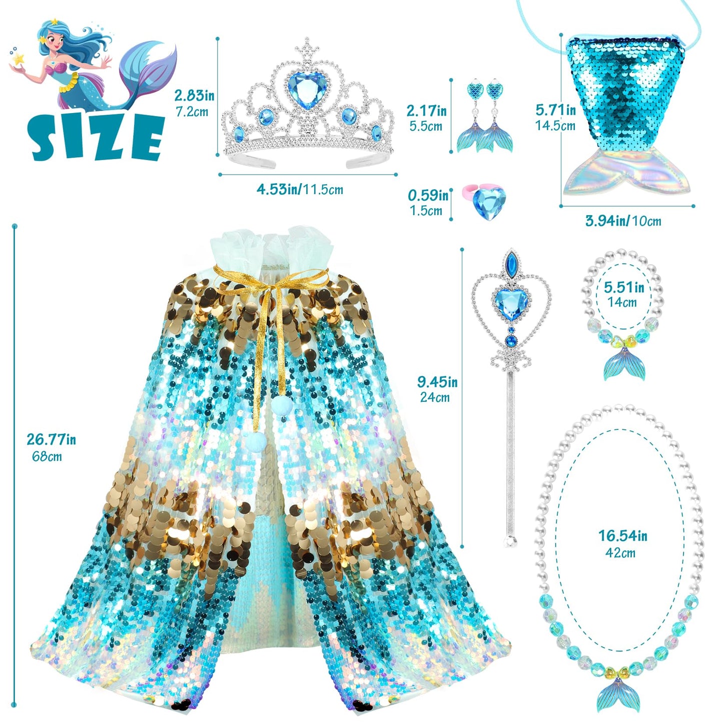 Limiroler Princess Dress Up Toys Mermaid Dress Up Cape Kit 9 Pcs Gift Set For Little Girls 3-8 Years Old, Princess Dress Up Clothes Set Gift For Birthday Christmas Party Halloween (Blue)