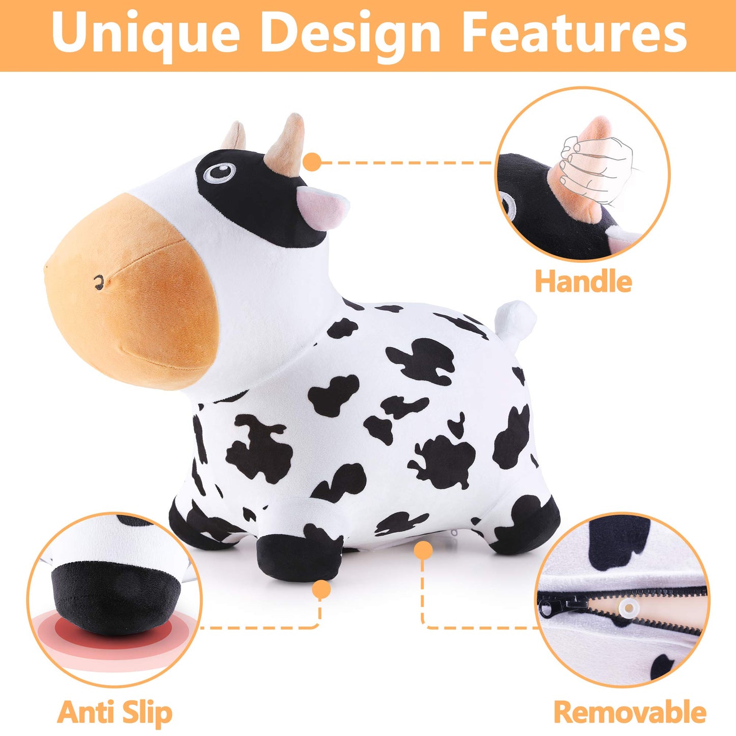 iPlay, iLearn Bouncy Pals Dairy Cow Hopper - Plush Inflatable Ride-On Toy for Kids, 21x12x24 inches, White and Black