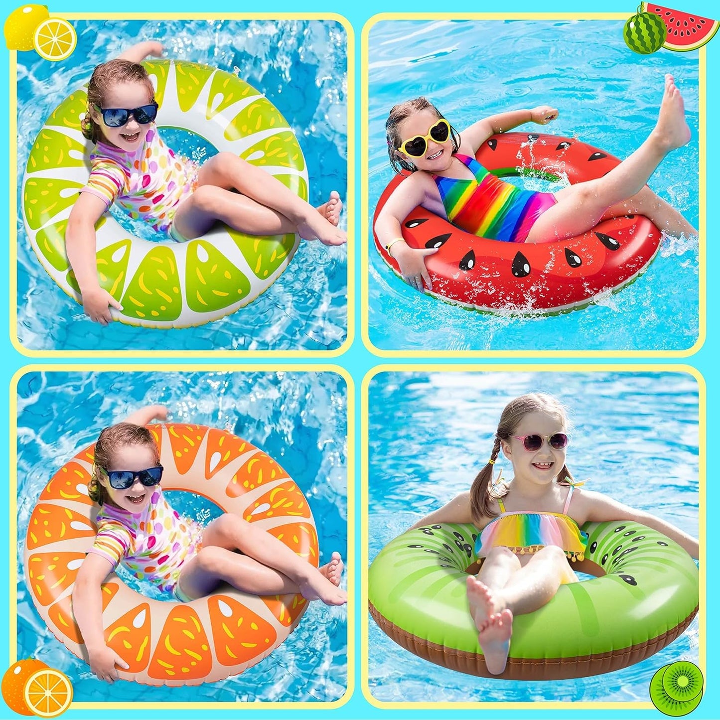 90Shine 4Pcs Fruit Pool Floats: Watermelon Kiwi Orange Lime Swimming Rings - Inflatable Tubes Floaties Toys For Kids Adults