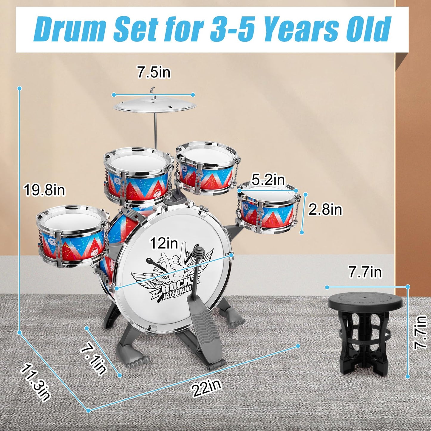Toddler Drum Set Kids Jazz Drum Kit With Stool Musical Instruments Toys Birthday Chirstmas Easter Gifts For Boys Girls Aged 3 4