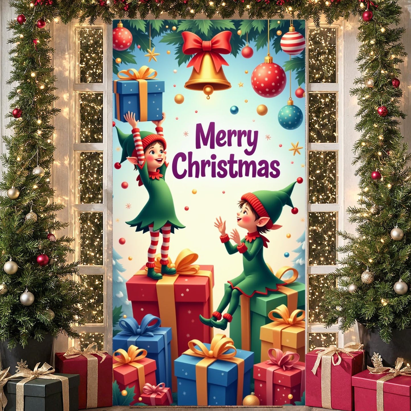 Christmas Elves Door Cover Funny Elf Christmas Hanging Banner Backdrop Photo Background Large Elf Xmas Fairy Door Decorations Gi