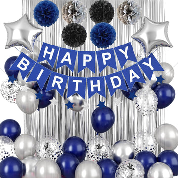Blue And Silver Birthday Decorations For Men Boys, Navy Blue Silver Party Decoration Royal Bue Silver Birthday Balloons Happy Bi