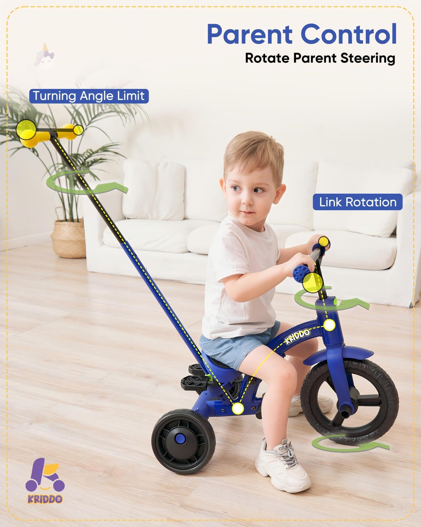 KRIDDO 4-in-1 Kids Tricycle, Adjustable Height, 12" Front Wheel, Carbon Steel, Blue, for 1.5 to 3 Years, Toddler Balance Bike