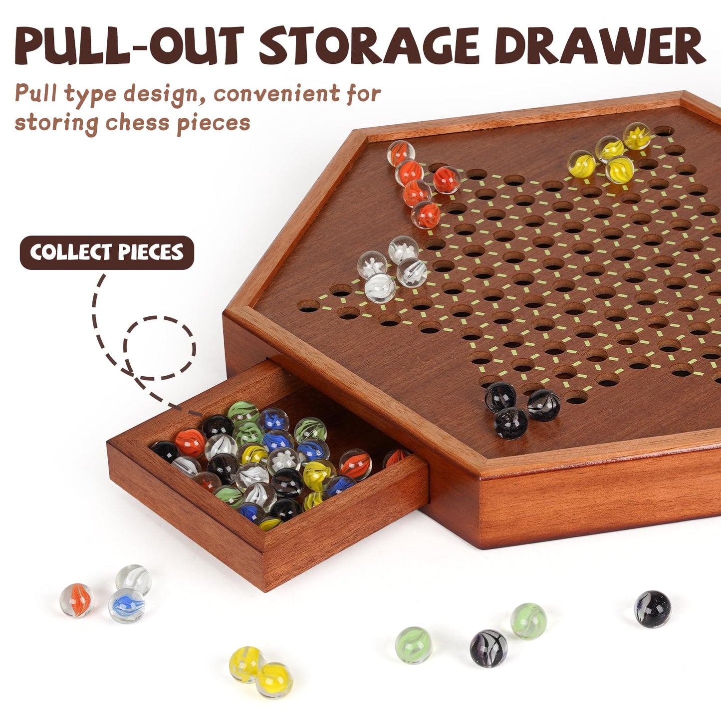 Luxurious Large 15-Inch Chinese Checkers Set - Premium Wooden Board Game For Adults And Kids With 72 Vibrant Glass Marbles, Dual