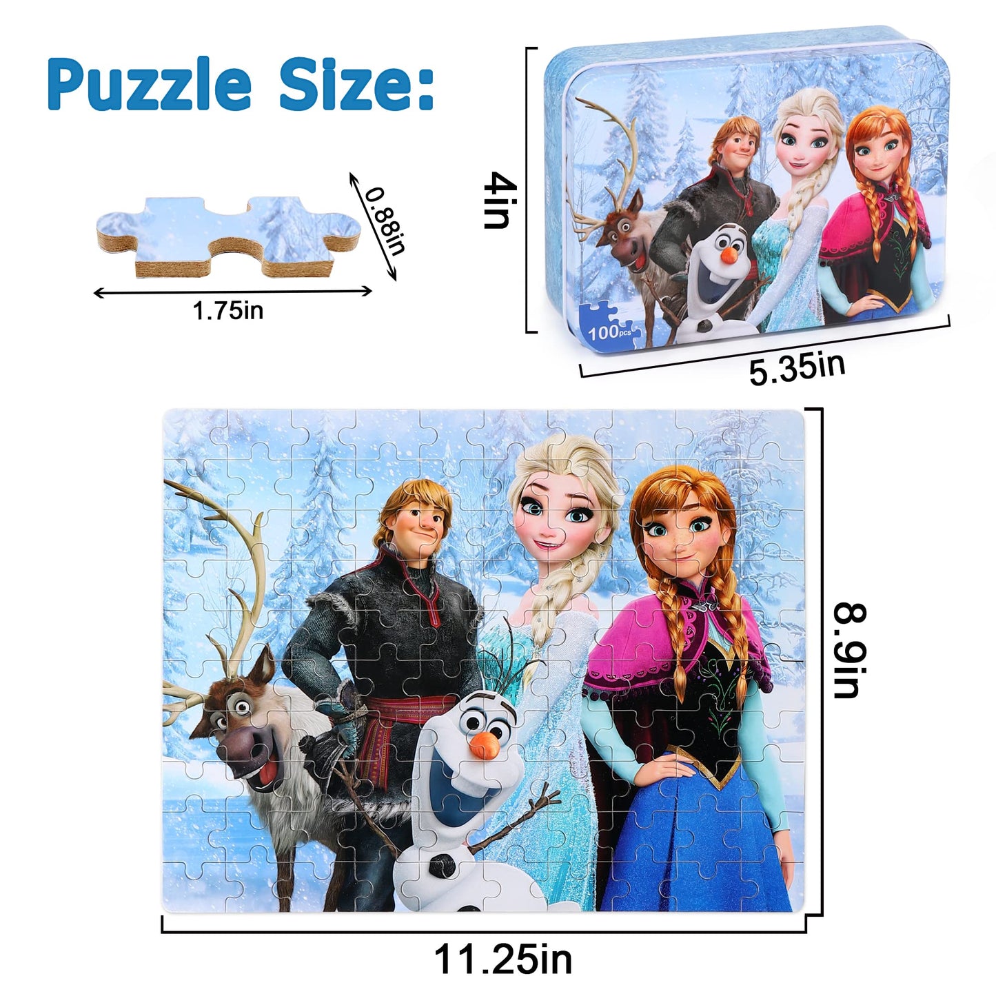 LELEMON Snowmen 100 Piece Puzzles for Kids Ages 4-8, Educational Jigsaw Puzzles in Metal Box, Fun Puzzle Games for Girls and Boys