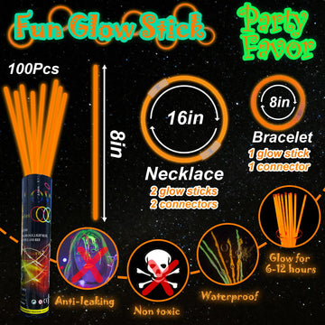 Ilhsty 100 Pcs 8'' Orange Glow Sticks Glow In The Dark Party Favors Supplies Bright Glowsticks Necklaces Bulk For Christmas Hall