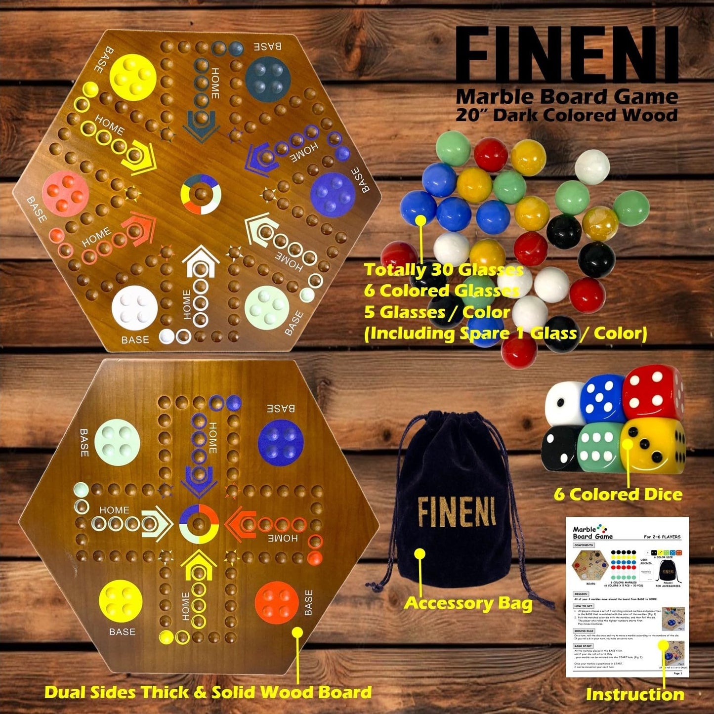 FINENI Wooden Marble Board Game - Dual-Sided Fast Track for 2-6 Players, 20" Dark, Includes 30 Marbles & 6 Dice, Perfect Family Fun
