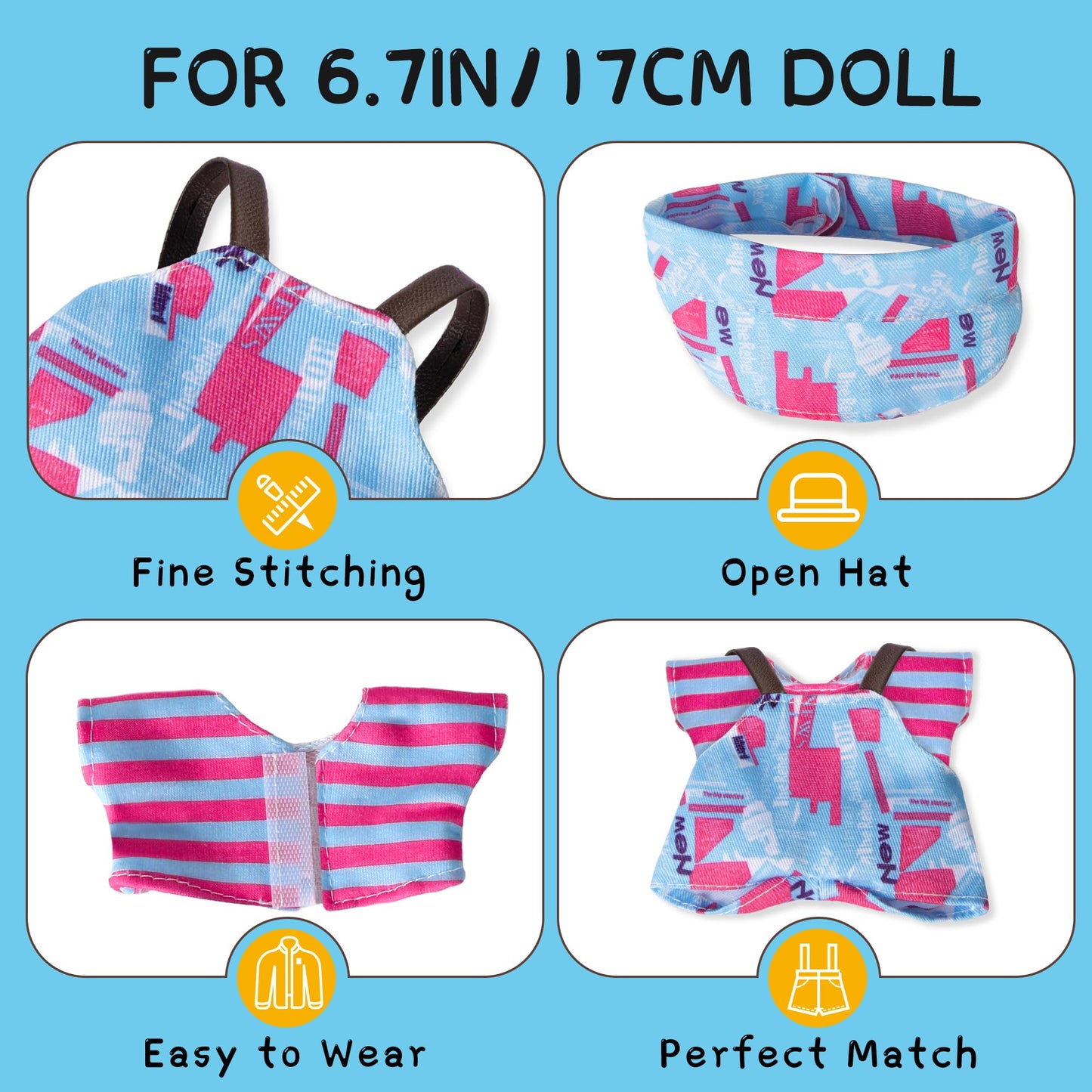 Clothes for 6.7in/17cm Doll  Set of 4 Cute Doll Accessories Includes Doll Hat+T-Shirt+Bib Pants+Shoes Set enhanced Fashion Outfit for Collectors Unique Gift (Style D2)
