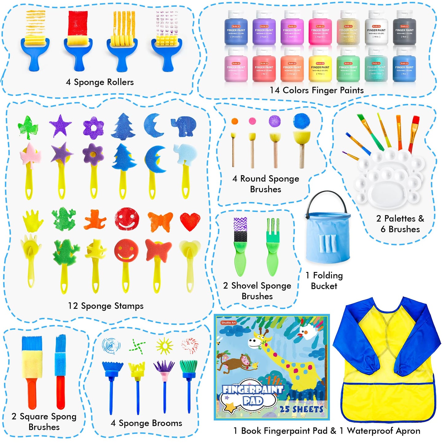 Washable Finger Paint Set, Shuttle Art 46 Pack Kids Paint Set with 14 Colors(60ml) Finger Paints, Brushes, Finger Paint Pad, Spo