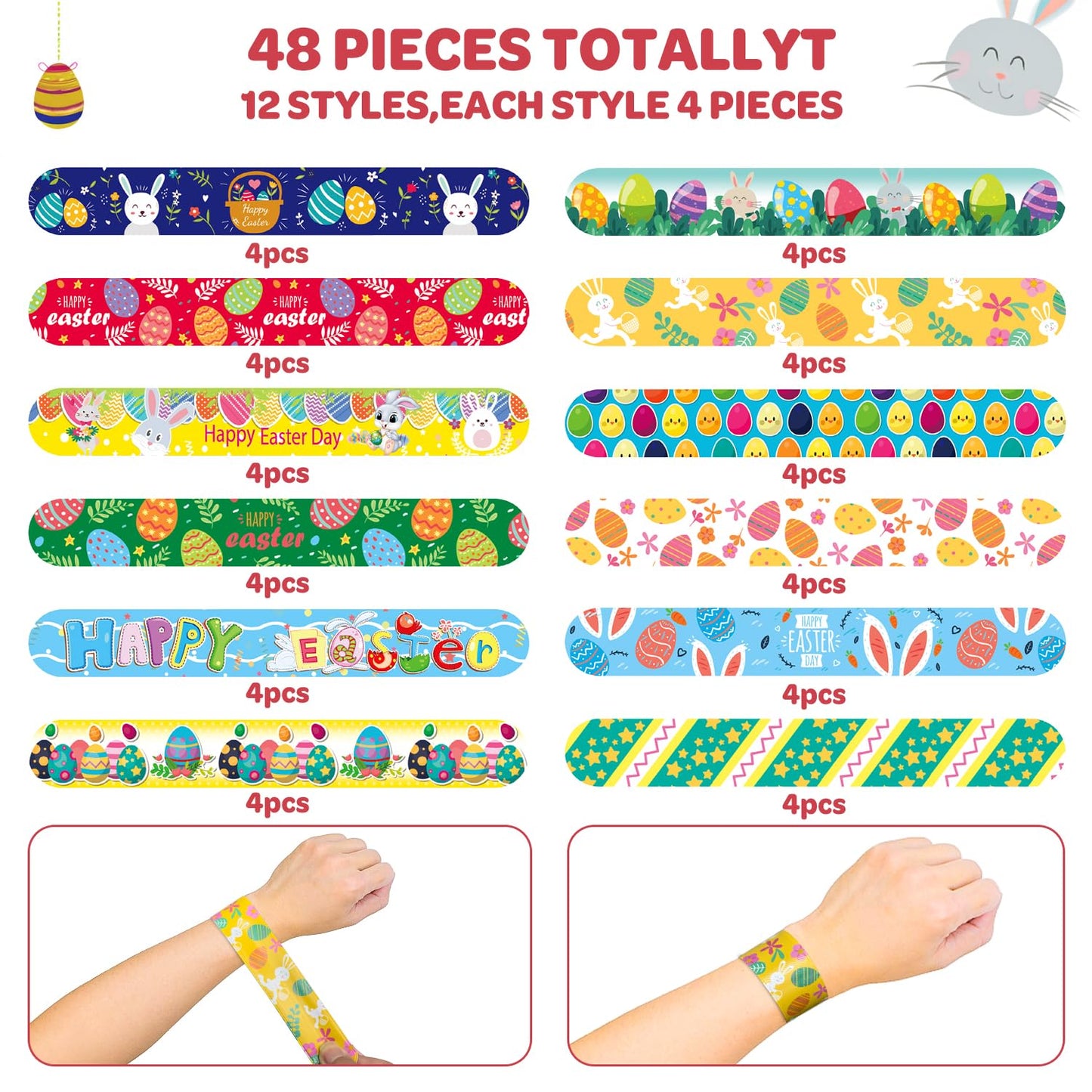 UMEMAXSO 48 PCS Easter Slap Bracelets for Kids - Fun Bunny & Egg Designs, Party Favors, Goodie Bag Fillers, and Classroom Prizes