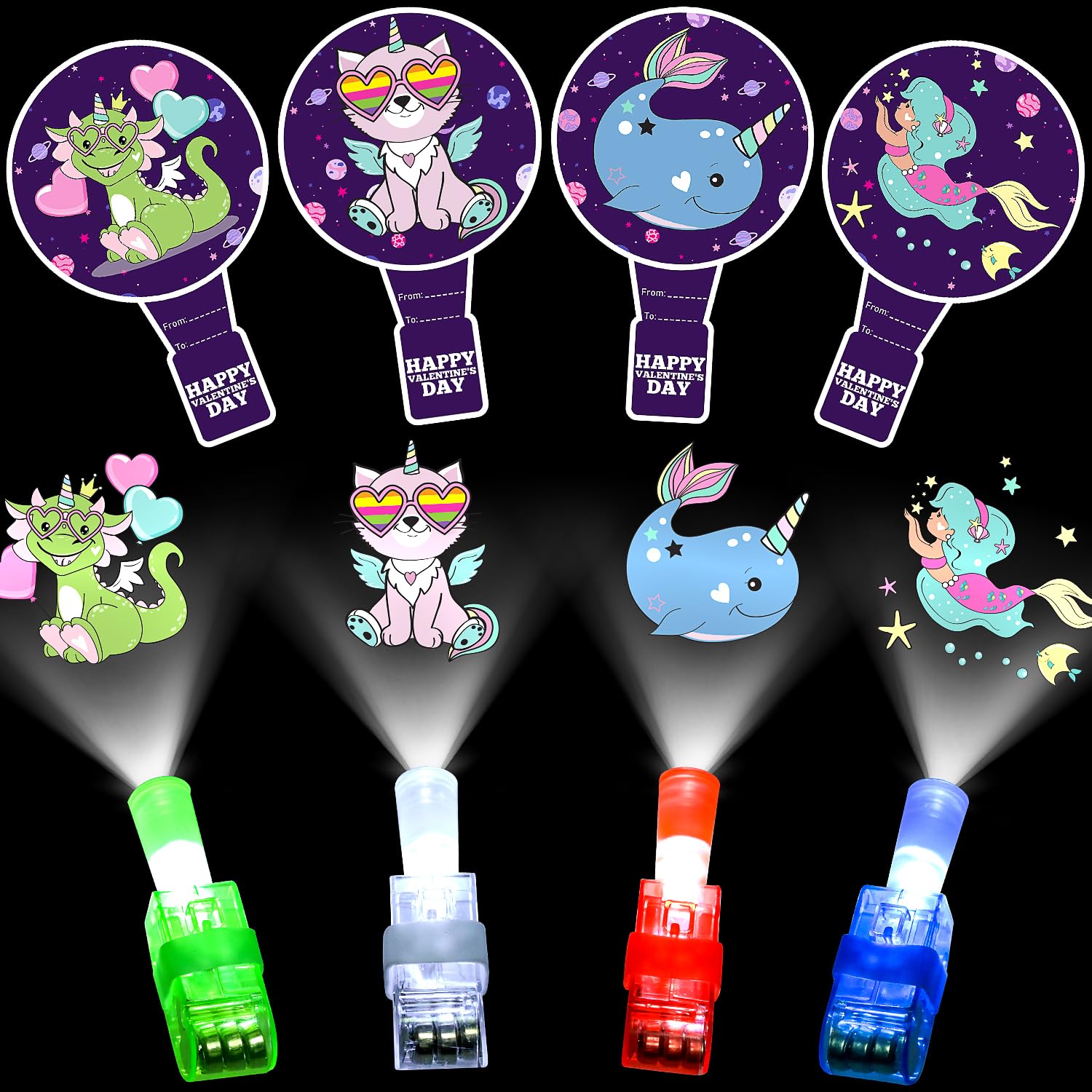MOVINPE Valentines Day Exchange Gifts for Kids Classroom, 28 Packs Finger Lights with Valentines Cards - Light Up Finger Flashli