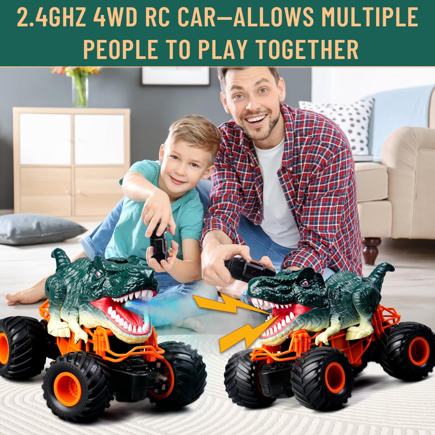 Dinosaur Monster Truck Toys,Remote Control Dinosaur Car, 2.4Ghz RC Truck for Toddlers, Electric Hobby RC Cars with Light & Music