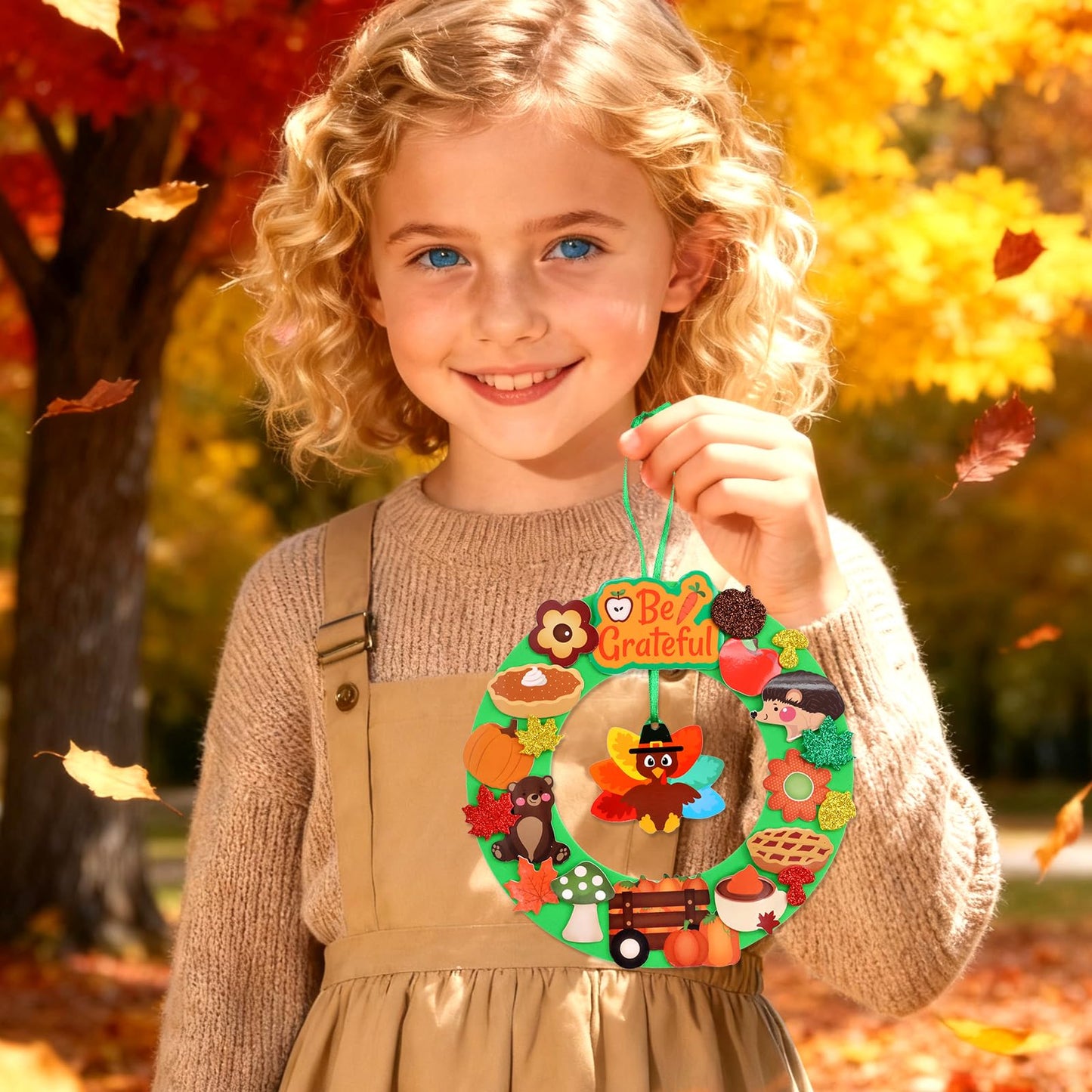 Fancy Land 16 Sets Thanksgiving Crafts for Kids Foam DIY Wreath Ornaments Craft Kits Fall Thanksgiving Activities Classroom Home